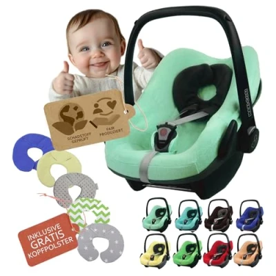 Abbildung von Frottee Sommerbezug [Schonbezug für Babyschale] Autositz kompatibel mit Maxi Cosi Pebble und Plus + GRATIS Kopfpolster (minze)