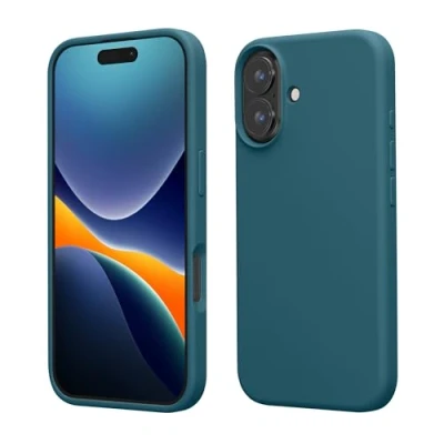 Abbildung von kwmobile Hülle kompatibel mit iPhone 16 Silikon Handy Case Handyhülle weiche Oberfläche kabelloses Laden Petrol matt