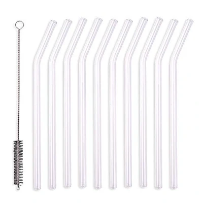 Abbildung von Schramm® 10 Stück Glas Strohhalme gebogen transparent mit Reinigungsbürste wiederverwendbar Trinkhalme Glasstrohhalm