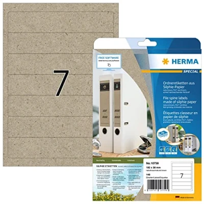Abbildung von HERMA 10759 Ordnerrücken Etiketten aus Graspapier kurz schmal, 20 Blatt, 192 x 38 mm, 7 pro A4 Bogen, 140 Stück, selbstklebend, bedruckbar, Silphie Papier Ordneretiketten Rückenschilder, natur braun