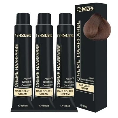 Abbildung von FemMas Haarfarbe 3x Gold Sand 8.31 I Professionelle Creme mit Arganöl, Keratin &amp; Ceramiden Als dauerhafte Haarfärbung oder Tönung für strahlende, haltbare Farbergebnisse 100 ml