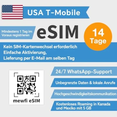 Abbildung von USA eSIM (USA, Mexiko, Kanada universal), unbegrenzte Internet Daten, T Mobile SIM, Geschwindigkeit US Prepaid Karte, Ortsgespräche und lokale Texte. (14 Tage)