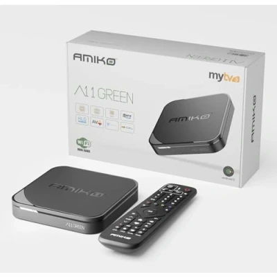 Abbildung von AMIKO A11 Green 4K UHD Android 11 TV Box, Dual Band WiFi WLAN, HDR10+, HLG, 2GB RAM &amp; 16GB Flash, Receiver, Bluetooth 4.0, My TV3, SD Kartenplatz, USB 2.0 3.0, HEVC, Infrarot Anschluss