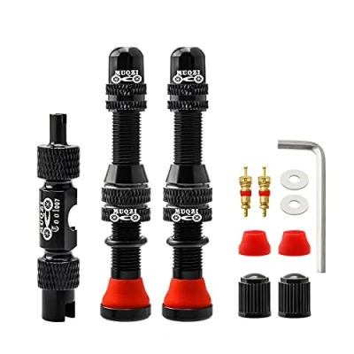 Abbildung von MUQZI Tubeless Schrader Ventilschaft Kits 60mm Bike Schraderventil schlauchlos Vorbauten Universal für MTB Felge Ventil mit Entfernungswerkzeug, schwarz