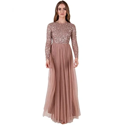 Abbildung von Maya Deluxe Damen Womens Ladies Dress for Wedding Guest Plus Size Empire High Waist Sequins Long Sleeve Evening Bridesmaid Brautjungfernkleid, Pale Mauve, 52 EU