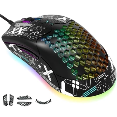 Abbildung von KUIYN 383 PRO M5 Ultraleichte kabelgebundene Gaming Maus, leichte Wabenschale, Pixart PAW3325, 6 einstellbare DPI 12000, 26 RGB atmende Mäuse mit Hintergrundbeleuchtung, 65 g, optische USB Model