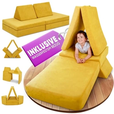 Abbildung von Linodino® Spielsofa Kindersofa aus Schaumstoff Bausteine für Kinder &amp; Kuschelecke im Kinderzimmer [OHNE Harte Teile] 10 Farben zur Wahl Bienenwaben Gelb