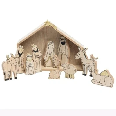 Abbildung von 13 tlg. Set Weihnachtskrippe aus Holz mit Figuren 25 x 19 6 cm (L/B/T) Krippe Tischkrippe zum Bemalen Krippefiguren Holzkrippe Weihnachten Krippenfiguren