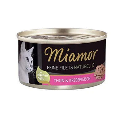 Abbildung von MIAMOR Feine Filets Naturelle Nassfutter für ausgewachsene Katzen mit Filetstückchen im eigenen Saft. Fettarmes Ergänzungsfutter in der Dose ohne künstliche Zusätze 24x80g Thunfisch &amp; Krebs