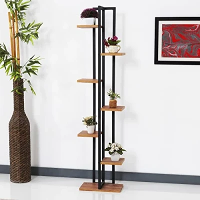 Abbildung von en.casa Blumenständer, Somero Pflanzenregal 150x34x21cm, Schwarz/Walnuss Optik