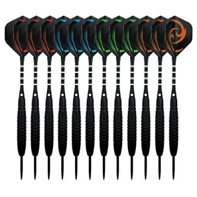 Abbildung von KOHMUI Dartpfeile, 12 Stück Steel Darts Pfeile Set, 23 Gramm Profi Steeldarts mit Metallspitze, Schwarz rutschfeste Eisenfass, Aluminium Schaft, 40 Flights, 24 Anti lose Gummiringe, Dartpfeil Spitzer