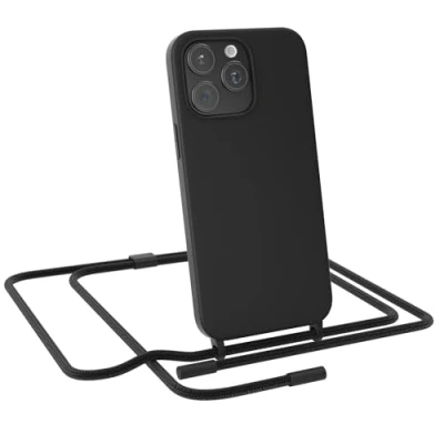 Abbildung von EAZY CASE Handykette kompatibel mit iPhone 15 Pro Max dünne Handyhülle für Hülle Band als Fallschutz Kette zum Umhängen stoßeste Silikon Mikrofaser in Schwarz
