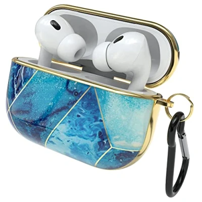 Abbildung von EAZY Case Schutzhülle für AirPods Pro 2 Hülle Blau Hard Stoßfest mit Karabiner geeignet als Schlüsselanhänger Antikratz Etui rutschfest Hardcase Airpod 2. Generation in Hellblau Marmor