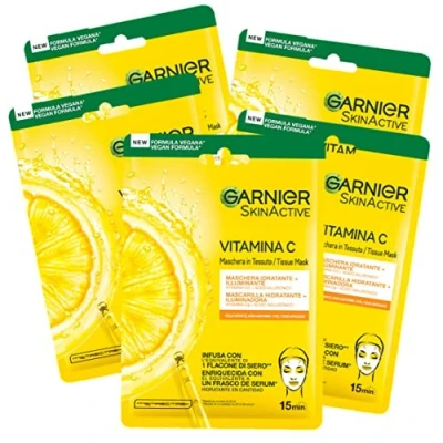 Abbildung von Garnier Skin Active Hydra Bomb Stoffmaske, feuchtigkeitsspendend und aufhellend, mit Vitamin C Hyaluronsäure, für stumpfe ungleichmäßige Haut, 5 Stück