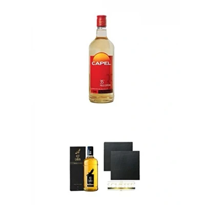 Abbildung von Pisco Capel Especial chilenischer Brandy 0,7 Liter + Alto del Carmen Reservado Schiefer Glasuntersetzer eckig ca. 9,5 cm Ø 2 Stück