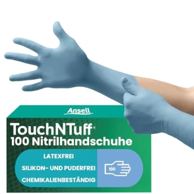 Abbildung von Ansell TouchNTuff 92 665 Nitril Einweghandschuhe Puderfrei, Professionelle Schutzhandschuhe für Chemie und Mechanik, Lebensmittel Einmalhandschuhe, Latexfrei, Blau, Größe XL (100 Handschuhe)