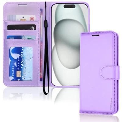 Abbildung von TECHGEAR hülle iPhone 15 Plus Leder klappbar, PU Flip Schutzhülle Ledertasche [Brieftasche] Handyhülle mit Ständer und Handschlaufe Lila Kompatible