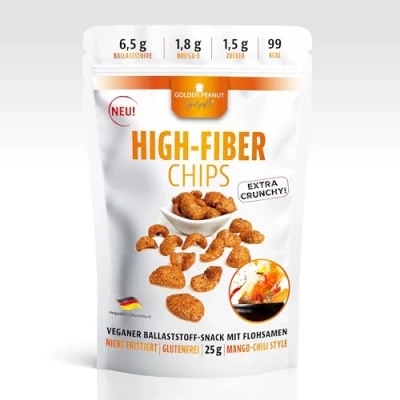 Abbildung von GOLDEN PEANUT Gourmet High Fiber Chips Mango Chili Style 25 g Beutel, sättigender Ballaststoff Snack, Omega 3, vegan und glutenfrei.