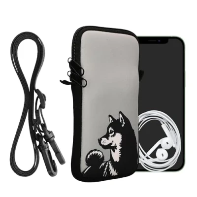 Abbildung von kwmobile Handytasche für Smartphones XXL 7&quot; Neopren Handy Hülle Schwarz Weiß Grau Tasche mit Kette 17,7 x 8,5 cm Innenmaße Shiba Hund