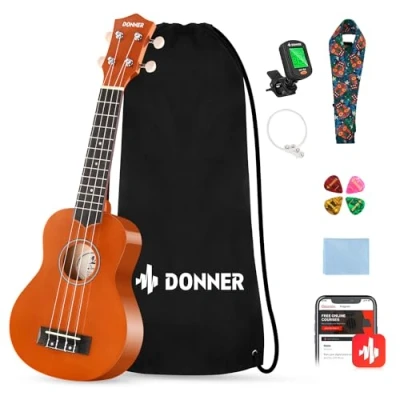 Abbildung von Donner Ukulele für Anfänger Sopran Kit 21 Zoll Mahagoni mit Nylon Saiten Hawaii Gitarre