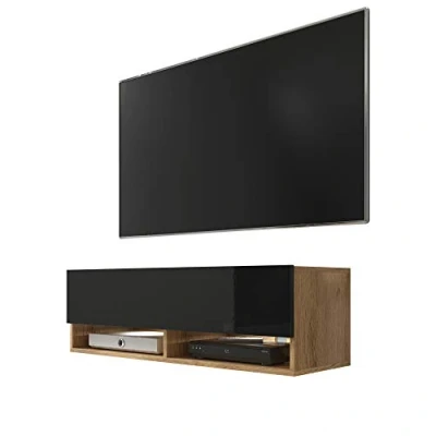 Abbildung von Selsey Wander TV Board/Fernsehschrank für Wohnzimmer hängend/stehend, optional mit LED, 100 cm (Holzoptik Wotan Eiche/Schwarz Hochglanz, ohne LED)