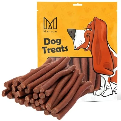 Abbildung von MERSJO Hundeleckerli 85% Hoher Fleischanteil, Keine Zusatzstoffe, Getreide und Zuckerfrei, Leckereien für Hunde zur täglichen Ergänzung, Natürliche Kauhilfe, Rindfleisch Kabanos, 500g