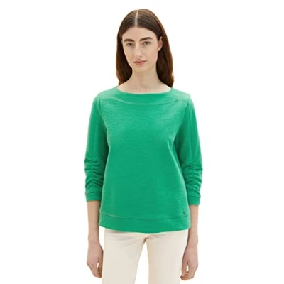 Abbildung von TOM TAILOR Damen 1035341 Sweater mit Struktur &amp; gerafftem Ärmel, 31032 Vivid Leaf Green, XXS