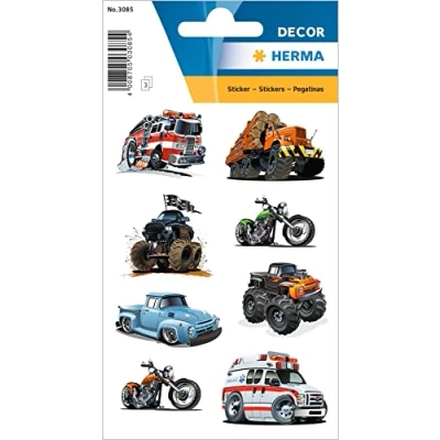 Abbildung von HERMA 3085 Aufkleber Fahrzeuge klein, 24 Stück, Auto Sticker mit Monstertruck Feuerwehrauto Krankenwagen Motiv, Kinder Etiketten für Fotoalbum Tagebuch Scrapbooking Geburtstag Deko Briefe DIY Basteln