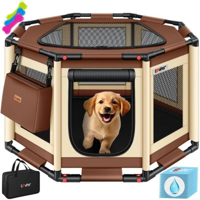 Abbildung von LOVPET® Welpenlaufstall drinnen draußen Welpenauslauf Hunde Käfig Oxford Gewebe Tier Laufstall Kleintier Katzen Freigehege Rahmen PVC Rohr mit Tasche, 3X Kauknochen &amp; 10 Pad, M 72x72x43cm, Beige