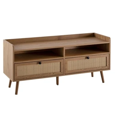 Abbildung von FineBuy Lowboard 120x56x39 cm TV Kommode mit Eiche Dekor &amp; Rattan, Design Schrank Hoch Schubladen, Fernsehtisch Fernsehschrank Stauraum, Fernsehkommode Wohnzimmer