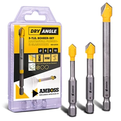 Abbildung von Amboss DryAngle Set Ø 6/8 / 10 mm Fliesenbohrer Glasbohrer Keramikbohrer Sechskantschaft für Bohrmaschinen Glas/Wandfliesen/Dachziegel/Keramik bohren