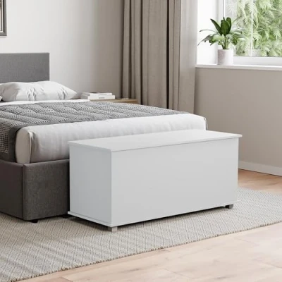 Abbildung von Vida Designs Leon Stauraum Ottomane Holztruhe mit Deckel Sitzhocker Fensterbank Decken Bettzeug Spielzeugkiste Fußhocker Weiß