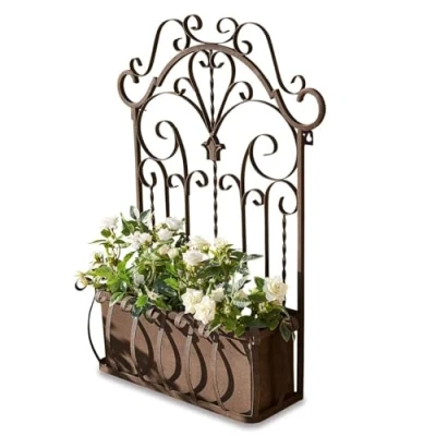 Abbildung von Loberon Blumenkasten Secourt, mit kunstvollen Ornamenten verziert, Innenkasten herausnehmbar, nostalgischer Charme, Gartenzubehör, Outdoor, Eisen, antikbraun