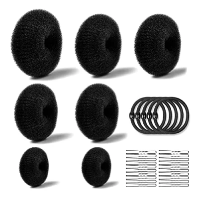 Abbildung von Donut Hair Bun Set,7 Stück Haarknoten(4Größe),mit 10 elastischen Haarband,20 U Form Haarspange Haarnadel,Duttkissen Frisurenhilfe Set,Haarknoten Former(Black)