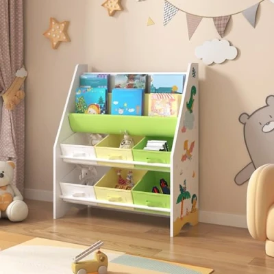 Abbildung von en.casa Kinderregal, »Ponteceso« Dinosaurier Motiv 74 x 62 26,5 cm Grün/Gelb
