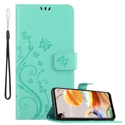 Abbildung von Cadorabo Hülle kompatibel mit LG K61 Blumen Design aus Premium Kunst Leder Flip Klappbare Stoßfeste Magnetische [Standfunktion] [Kartenfächern] Cover Case für Tasche in Türkis