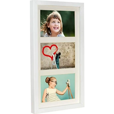 Abbildung von BD ART 18 x 35 cm Mehrfach Bilderrahmen, Bildergalerie, Fotogalerie mit Passepartout und 3 Foto Ausschnitten für Fotos 10 15 cm, Weiß