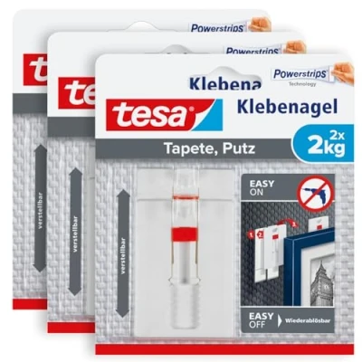 Abbildung von tesa Klebehaken Klebenagel mit max. 2 kg Haltekraft für Bilder verstellbar, Dekoration, Bilder, Leinwände, (Spar Set, 6 St., inkl. Powerstrips), POWERSTRIPS Doppelseitig Tapete &amp; Putz 3 x 2er Pack