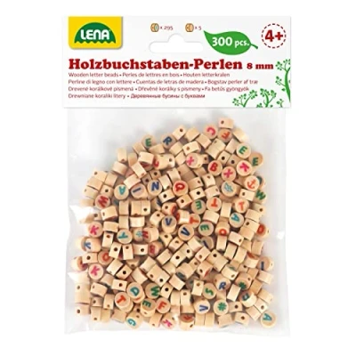 Abbildung von Lena 32051 Bastelset Buchstabenperlen aus Holz, Set mit 300 runden Fädelperlen und bunten Buchstaben, Holzperlen für Kinder ab 3 Jahre, zum selber basteln von Perlen Schmuck, Natur Braun