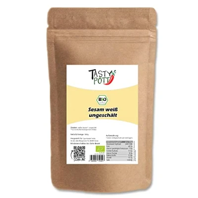 Abbildung von Tasty Pott Bio weißer Sesam ungeschält I Sesamkörner Sesamsaat Zum Backen Für Müsli Als Salat Topping Vegane Ernährung Im Beutel 1000g