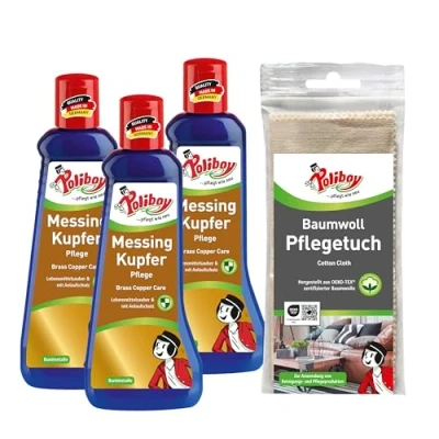 Abbildung von poliboy 99A4801, Messing Kupfer Pflege 3x200ml mit Baumwolltuch Schmuckreiniger (zur Reinigung und Anlaufschutz Made in Germany)