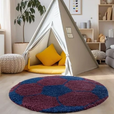Abbildung von Carpettex Kinderteppich Fußball Design Marineblau 120 cm Rund Hochflor Teppich Kinderzimmer für Mädchen und Jungen Super Weich Flauschig Runder Spielteppich Babyteppich Gaming Babyzimmer