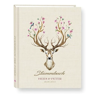 Abbildung von Stammbuch der Familie personalisiert Chifre beige A5 ca. 18 x 23 cm Familienstammbuch Stammbücher Hirsch in Handarbeit