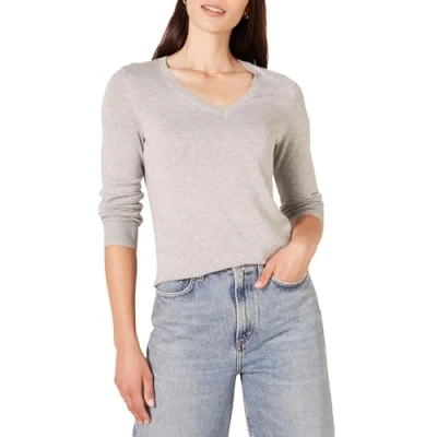 Abbildung von Amazon Essentials Damen Leichter, Langärmeliger Pullover Mit V Ausschnitt, Klassischer Schnitt (Erhältlich In Übergröße), Hellgrau Meliert, L