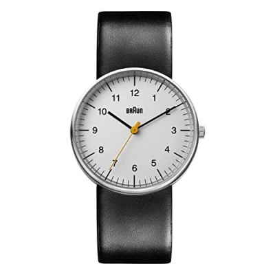 Abbildung von Braun Mens 3 Hand Analogue Quartz Watch, White Dial and Black Leather Strap, 38mm Stainless Steel Case, Model BN0021BKG.