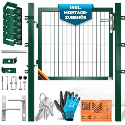 Abbildung von KESSER® Gartentor Premium Gartentür aus Metall verzinktem Stahl, für Stabmattenzau Zauntor, Hoftor, inkl. Pfosten mit Schloss Türklinke und Schlüssel, 80 x 106cm Grün
