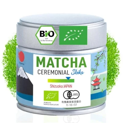 Abbildung von ORIGEENS Bio Ceremonial Grade &quot;SHIKA&quot; Japanischer Matcha Tee, Herkunft Shizuoka Latte/Usucha 30g Metalldose Grüntee Pulver