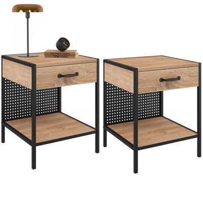 Abbildung von IDMarket 2 Nachttische Preston perforierter Stahl mit 1 Schublade Industriedesign
