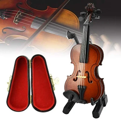 Abbildung von CODIRATO Holz Violine Spielzeug Miniatur Mini Modell mit Ständer, Bogen, Koffer Geige Musikinstrument für die Hausdekoration Puppenhaus Dekoration Kinder