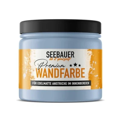 Abbildung von SEEBAUER diy Wandfarbe Blau 300ML für Innen (No. 845 Pale Heaven) Edelmatte blaue Innenfarbe Blautöne sehr hohe Deckkraft Matt, Abwaschbar und Tropffrei